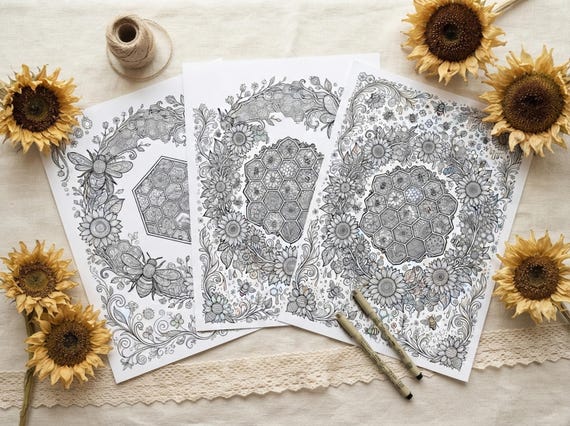 Bees & Sunflowers Coloring Book, Printable Adult Coloring Pages, Golden Bees And Sunflowers Stress Relief PDF, Digital Download · CB-42 view 3