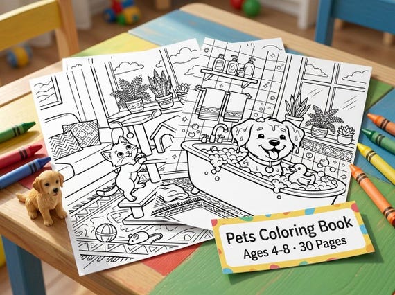 Pets Kids Coloring Book, 30 Printable Coloring Pages for Ages 4-8, Boys and Girls Activity PDF, Digital Download view 4