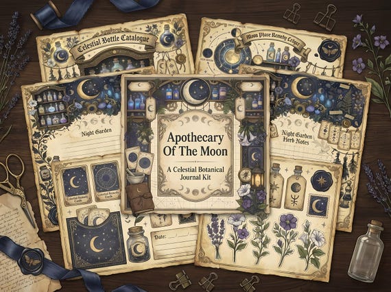Apothecary Of The Moon Junk Journal Kit, Printable Dark Academia Journal Pages, Celestial Botanical Ephemera, Moon Phase Tags, Fuss · JK-012