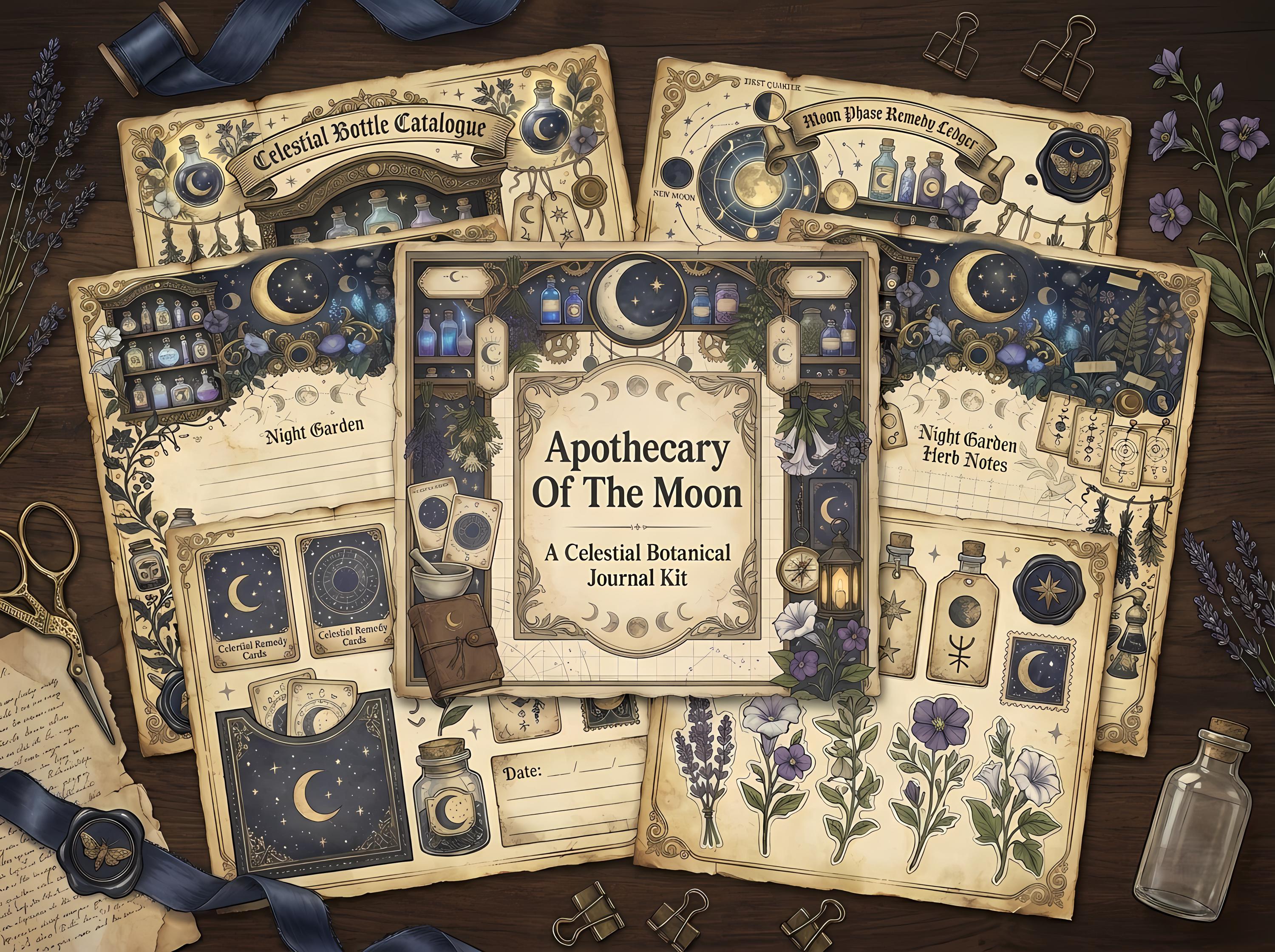 Apothecary Of The Moon Junk Journal Kit, Printable Dark Academia Journal Pages, Celestial Botanical Ephemera, Moon Phase Tags, Fuss · JK-012
