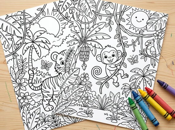 Jungle Animals Kids Coloring Book, 30 Printable Coloring Pages for Ages 4-8, Boys and Girls Activity PDF, Digital Download view 6