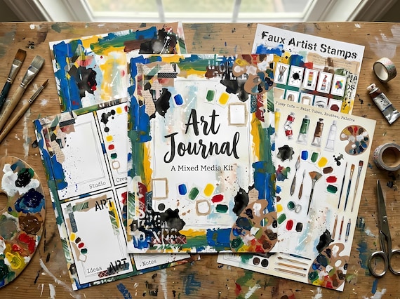 Art Journal Mixed Media Kit, Printable Artist Journal Pages, Painterly Ephemera, Collage Papers, Digital Download · JK-057