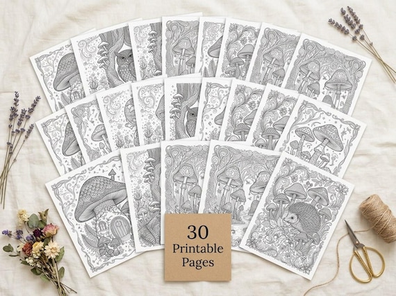 Magical Mushroom Forest Coloring Book, Printable Adult Coloring Pages, Whimsical Woodland Stress Relief PDF, Digital Download · CB-07 view 2