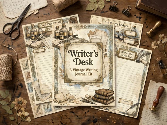 Writer's Desk Junk Journal Kit, Printable Vintage Writing Journal Pages, Manuscript Ephemera, Ink Bottle Fussy Cuts, Digital Do · JK-030
