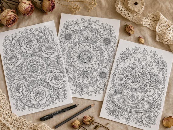 Vintage Floral Mandalas Coloring Book, Printable Adult Coloring Pages, Stress Relief Flower PDF, Digital Download · CB-06 view 3