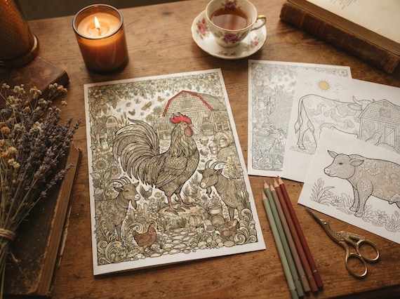 Farmyard Friends Coloring Book, Printable Adult Coloring Pages, Cozy Farmyard Stress Relief PDF, Digital Download · CB-27 view 6
