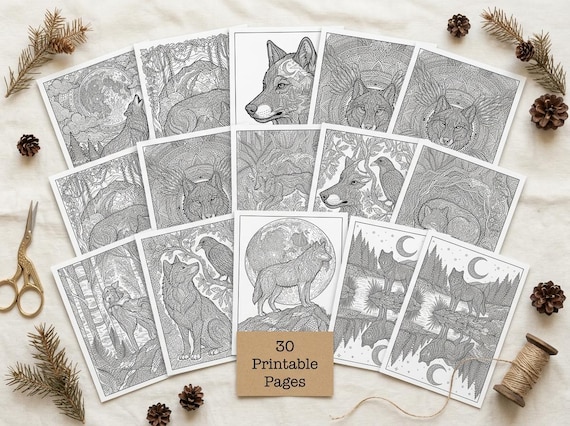 Wolves & Moonlit Wilderness Coloring Book, Printable Adult Coloring Pages, Wolf Nature Stress Relief PDF, Digital Download view 5