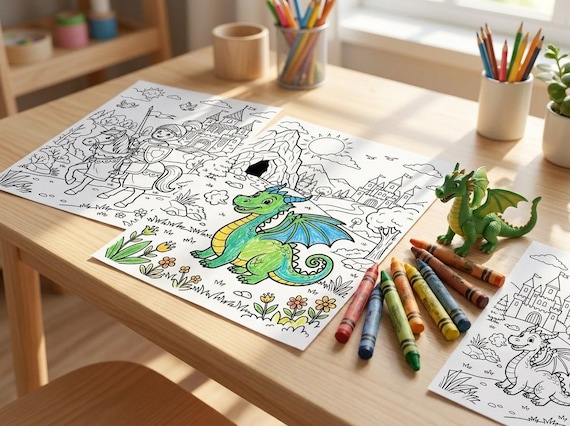 Dragons, Castles & Knights Kids Coloring Book, 30 Printable Coloring Pages for Ages 4-8, Boys and Girls Activity PDF, Digital Download view 3