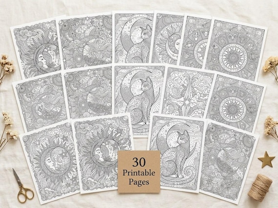 Celestial Zodiac & Moon Magic Coloring Book, Printable Adult Coloring Pages, Mystical Moon Stars Stress Relief PDF, Digital Download · CB-08 view 2