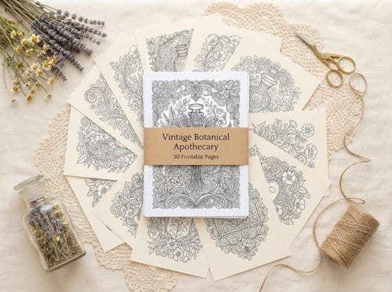 Vintage Botanical Apothecary Coloring Book, Printable Adult Coloring Pages, Stress Relief PDF, Digital Download · CB-23