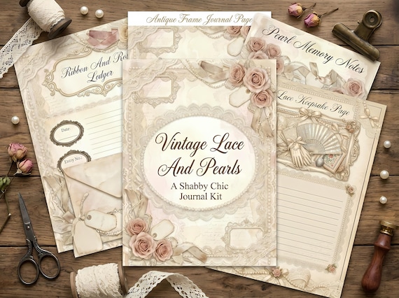 Vintage Lace And Pearls Junk Journal Kit, Printable Shabby Chic Journal Pages, Pearl Ephemera, Lace Tags, Fussy Cuts · JK-021 view 2