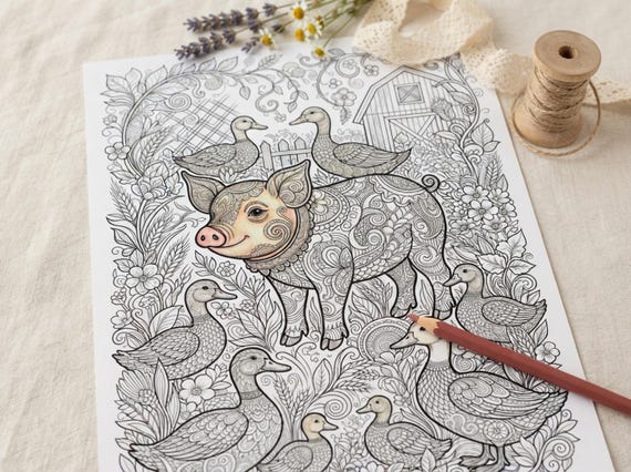 Farmyard Friends Coloring Book, Printable Adult Coloring Pages, Cozy Farmyard Stress Relief PDF, Digital Download · CB-27 view 7