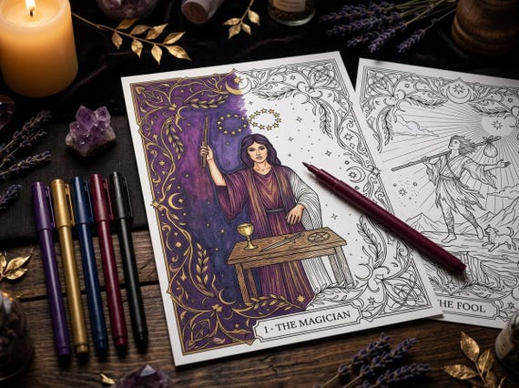 Tarot Major Arcana Coloring Book, Printable Mystic Coloring Pages, Complete 22 Card Deck PDF, Premium Digital Download view 2
