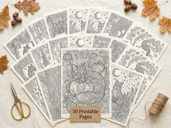 Red Foxes & Autumn Woodland Coloring Book, Printable Adult Coloring Pages, Fox Nature Stress Relief PDF, Digital Download view 5