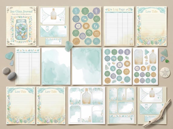 Sea Glass Junk Journal Kit, Printable Coastal Beachcomber Journal Pages, Beach Find Ephemera, Pebble Tags, Digital Download · JK-088 view 2