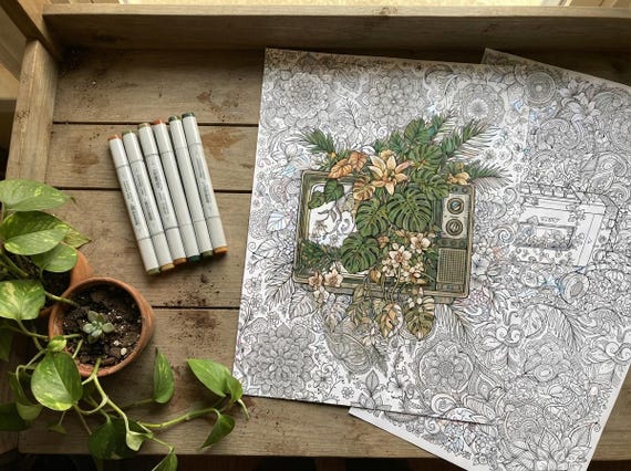 Retro Botanical Appliances Coloring Book, Adult Coloring Pages, Vintage Tech Plant Fusion PDF, Digital Download
