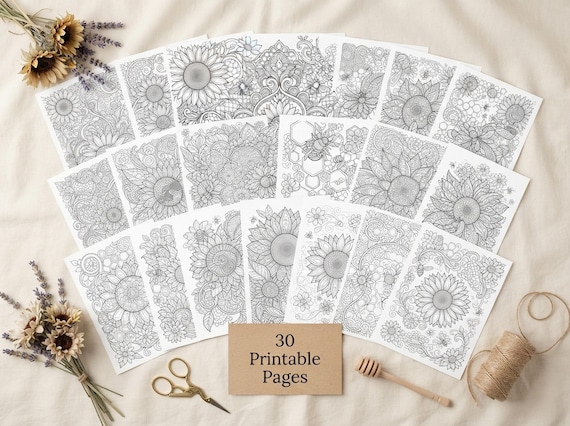 Bees & Sunflowers Coloring Book, Printable Adult Coloring Pages, Golden Bees And Sunflowers Stress Relief PDF, Digital Download · CB-42 view 2