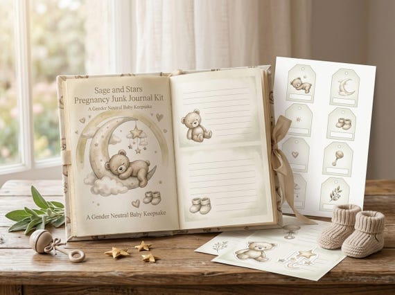 Gender Neutral Pregnancy Junk Journal Kit, Sage and Stars, Printable Ephemera, Baby Shower Gift, Digital Download · JK-130 view 5
