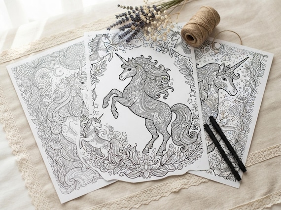 Magical Unicorns Coloring Book, Printable Adult Coloring Pages, Whimsical Magical Unicorn Stress Relief PDF, Digital Download · CB-40 view 3