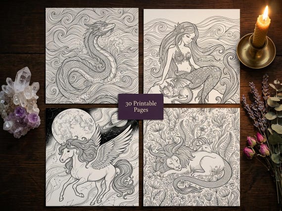 Dragons and Mythical Beasts Coloring Book, Printable Fantasy Creature Coloring Pages, 30 Page PDF, Premium Digital Download view 5