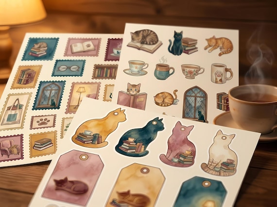 Cozy Bookshop Cat Junk Journal Kit, Printable Book Lover Journal Pages, Library Ephemera, Cat Tags, Digital Download · JK-064 view 3