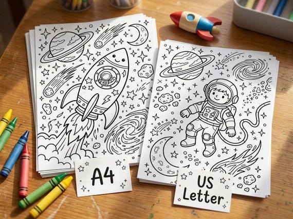 Space Kids Coloring Book, 30 Printable Coloring Pages for Ages 4-8, Boys and Girls Activity PDF, Digital Download view 4