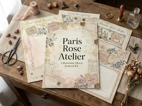 Paris Rose Atelier Junk Journal Kit, Printable French Romantic Journal Pages, Perfume Label Ephemera, Rose Tags, Fussy Cuts · JK-020 view 3