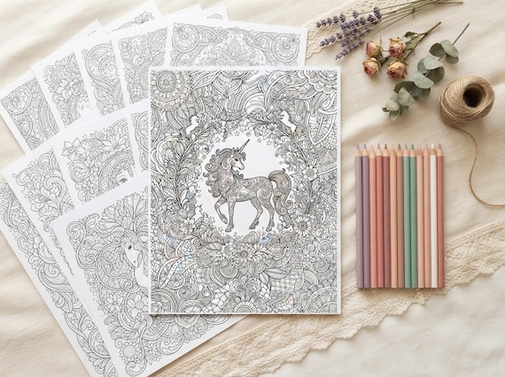 Magical Unicorns Coloring Book, Printable Adult Coloring Pages, Whimsical Magical Unicorn Stress Relief PDF, Digital Download · CB-40 view 5