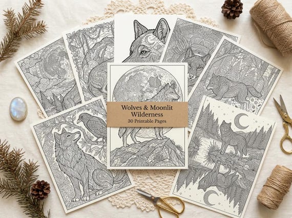 Wolves & Moonlit Wilderness Coloring Book, Printable Adult Coloring Pages, Wolf Nature Stress Relief PDF, Digital Download