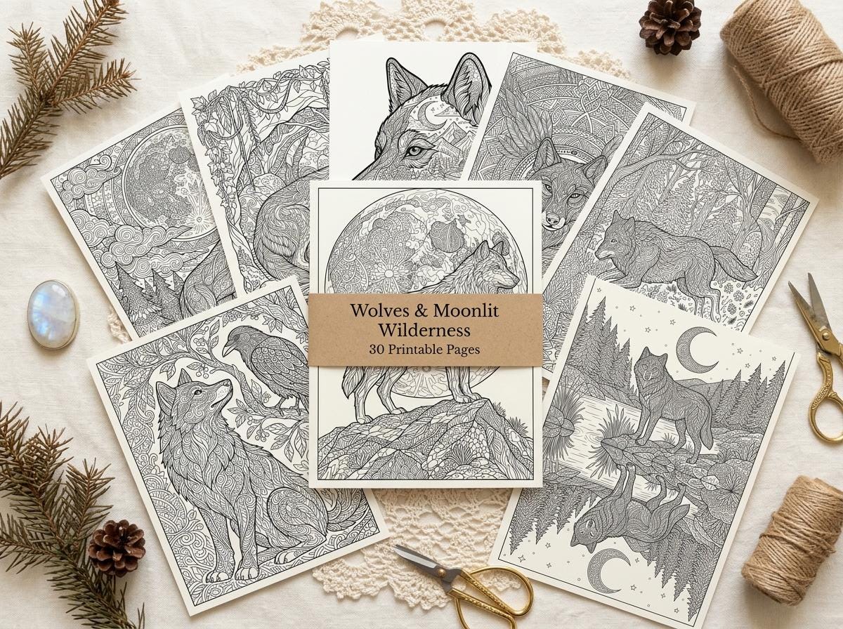 Wolves & Moonlit Wilderness Coloring Book, Printable Adult Coloring Pages, Wolf Nature Stress Relief PDF, Digital Download