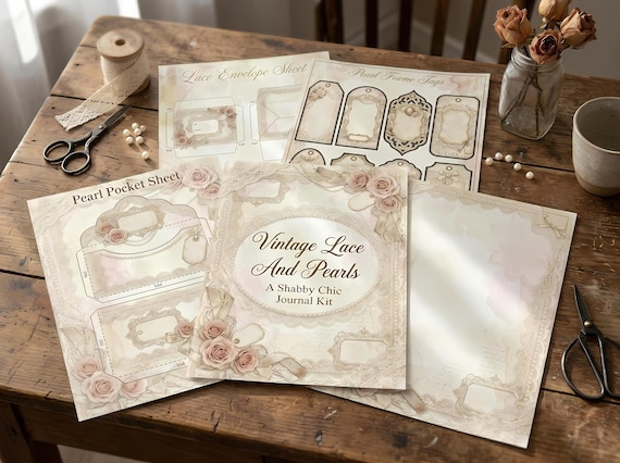 Vintage Lace And Pearls Junk Journal Kit, Printable Shabby Chic Journal Pages, Pearl Ephemera, Lace Tags, Fussy Cuts · JK-021 view 3