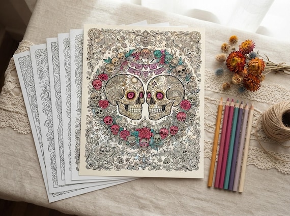Sugar Skulls Fiesta Coloring Book, Printable Adult Coloring Pages, Stress Relief PDF, Digital Download · CB-34 view 5