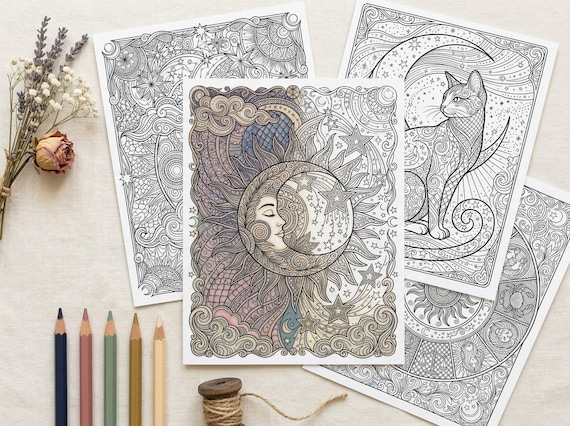 Celestial Zodiac & Moon Magic Coloring Book, Printable Adult Coloring Pages, Mystical Moon Stars Stress Relief PDF, Digital Download · CB-08 view 5