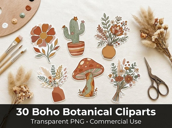 Boho Botanical Clipart, 30 Transparent PNG, Commercial Use, Sublimation POD, Digital Download
