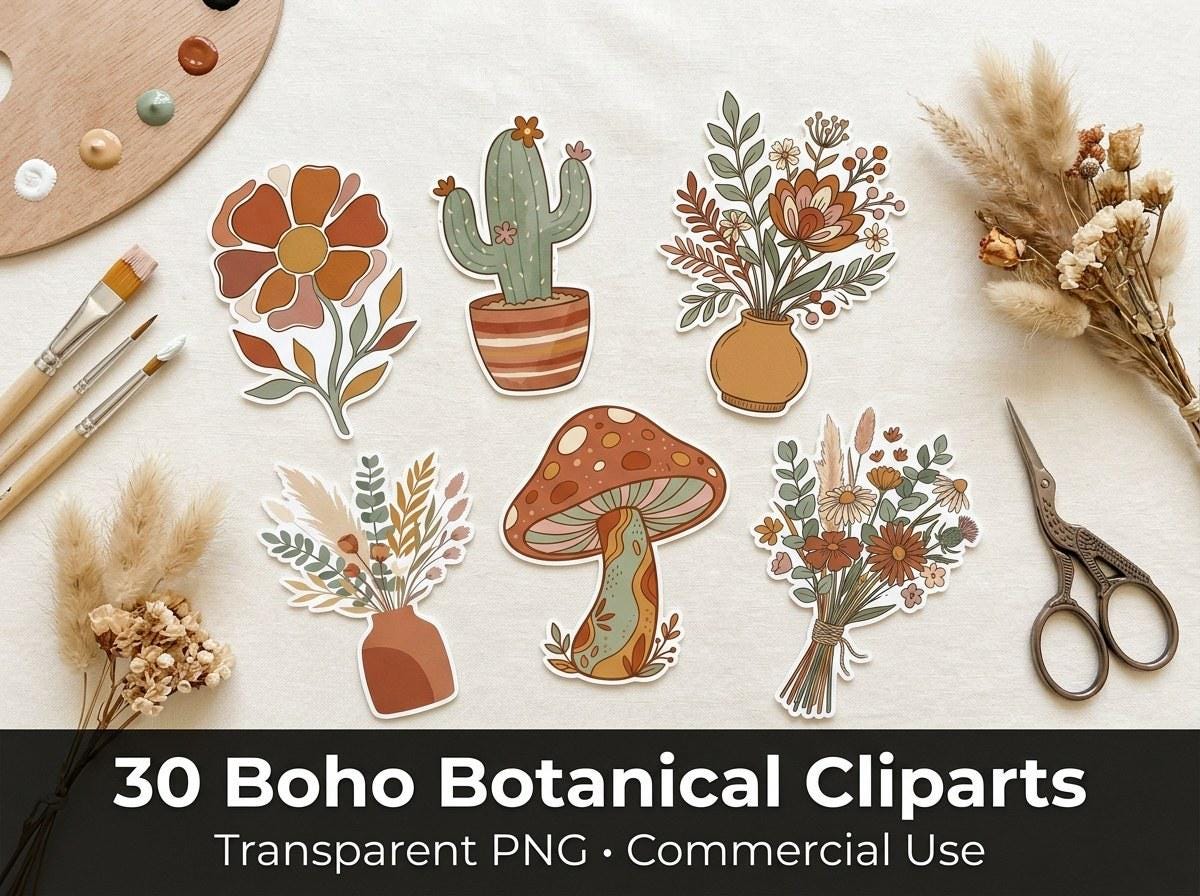 Boho Botanical Clipart, 30 Transparent PNG, Commercial Use, Sublimation POD, Digital Download