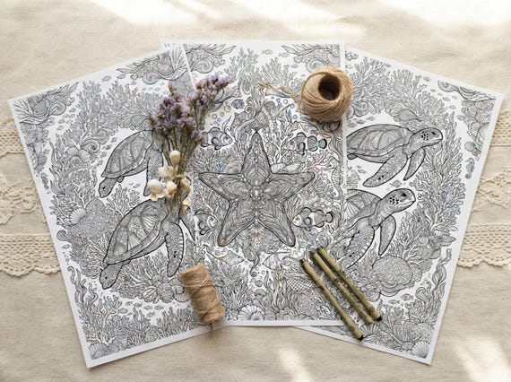 Sea Turtles & Coral Reef Coloring Book, Printable Adult Coloring Pages, Ornate Coral Reef Stress Relief PDF, Digital Download · CB-38 view 3
