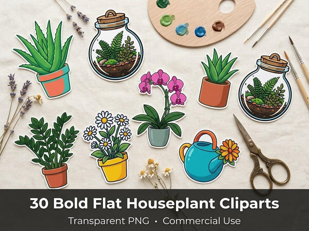 Houseplant Clipart, 30 Transparent PNG, Commercial Use, Sublimation POD, Digital Download