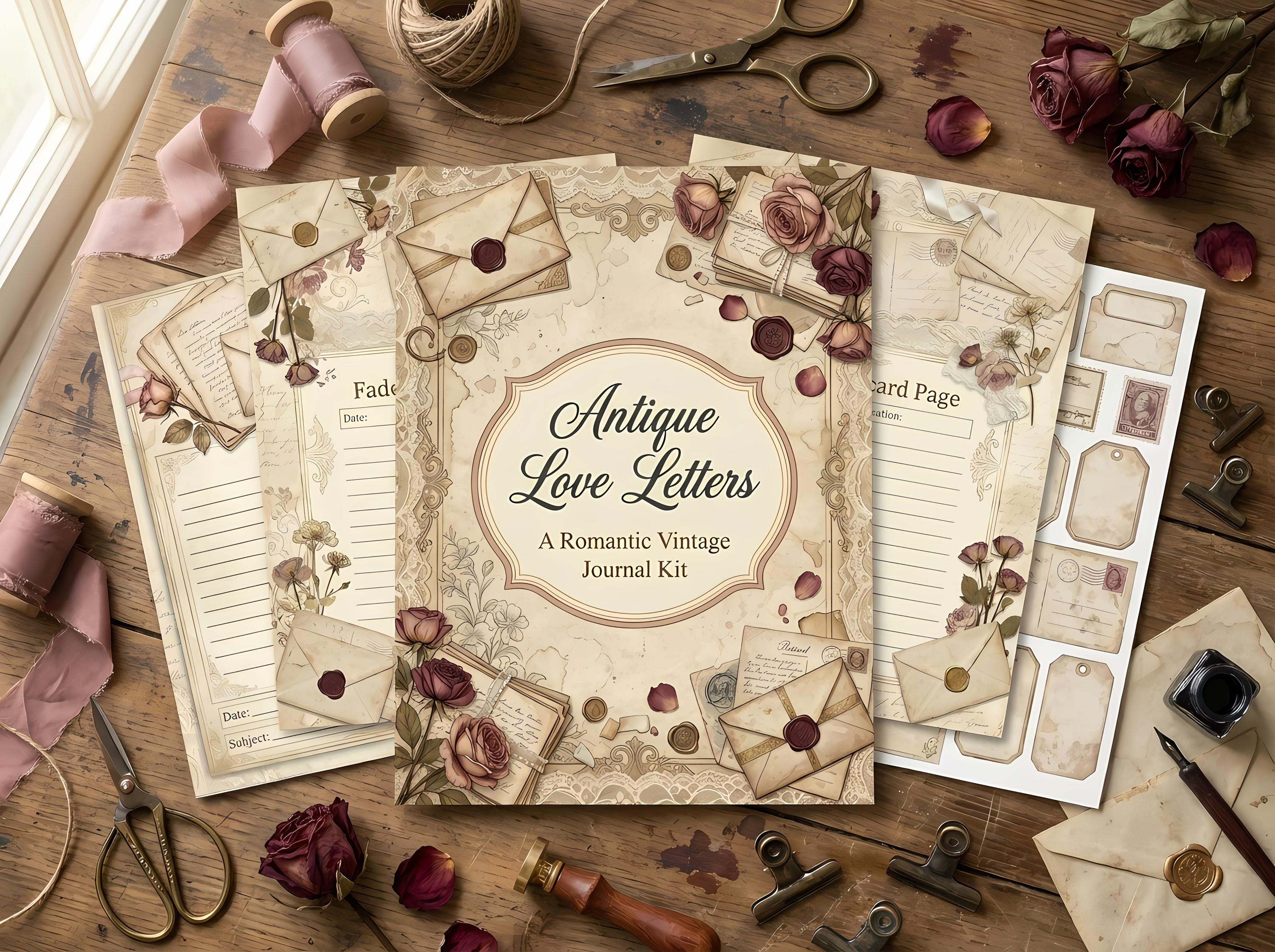 Antique Love Letters Junk Journal Kit, Printable Romantic Journal Pages, Rose Wax Seal Ephemera, Keepsake Tags, Fussy Cuts · JK-019