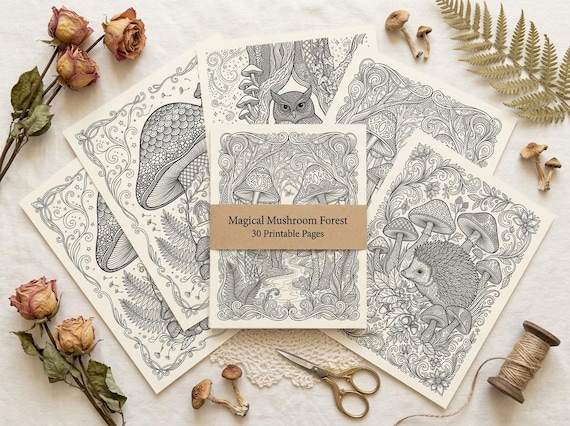 Magical Mushroom Forest Coloring Book, Printable Adult Coloring Pages, Whimsical Woodland Stress Relief PDF, Digital Download · CB-07