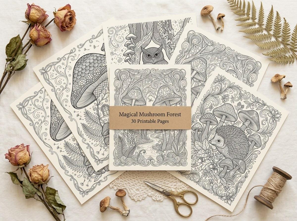 Magical Mushroom Forest Coloring Book, Printable Adult Coloring Pages, Whimsical Woodland Stress Relief PDF, Digital Download · CB-07