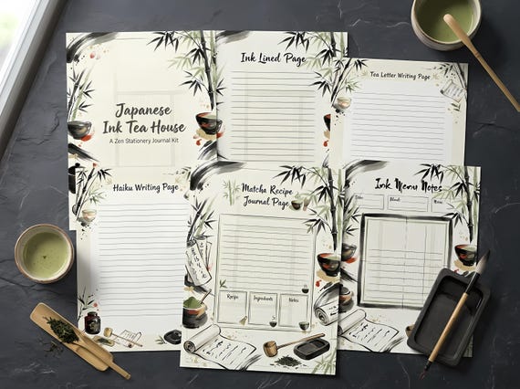 Japanese Ink Tea House Junk Journal Kit, Printable Zen Journal Pages, Sumi-e Ink Ephemera, Washi Tags, Tea Ceremony Cards, Haiku Wr · JK-041 view 3