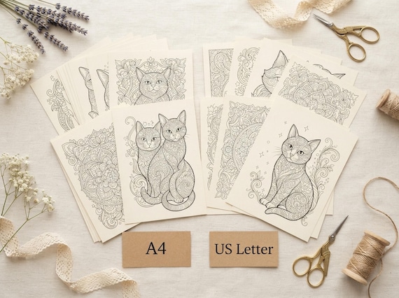 Whimsical Cats Coloring Book, Printable Adult Coloring Pages, Whimsical Decorative Cat Stress Relief PDF, Digital Download · CB-31 view 4