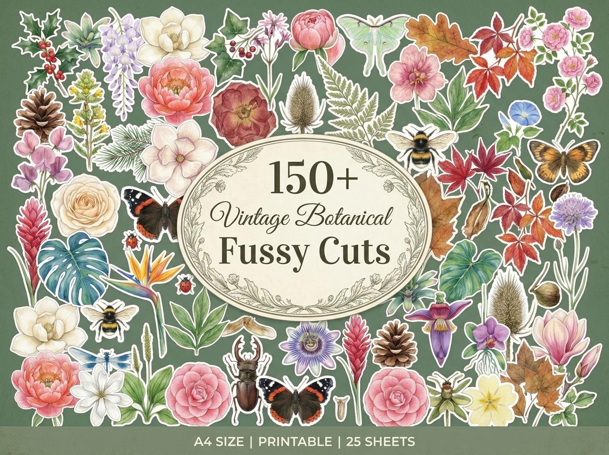 Vintage Botanical Fussy Cut Ephemera Sheets — 26 Printable Sheets, Junk Journal Ephemera, Botanical Scrapbooking, Print at Home · FC-02