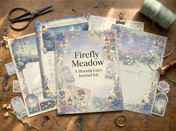 Firefly Meadow Junk Journal Kit, Printable Twilight Nature Journal Pages, Moonlit Ephemera, Lantern Tags, Fussy Cuts · JK-026