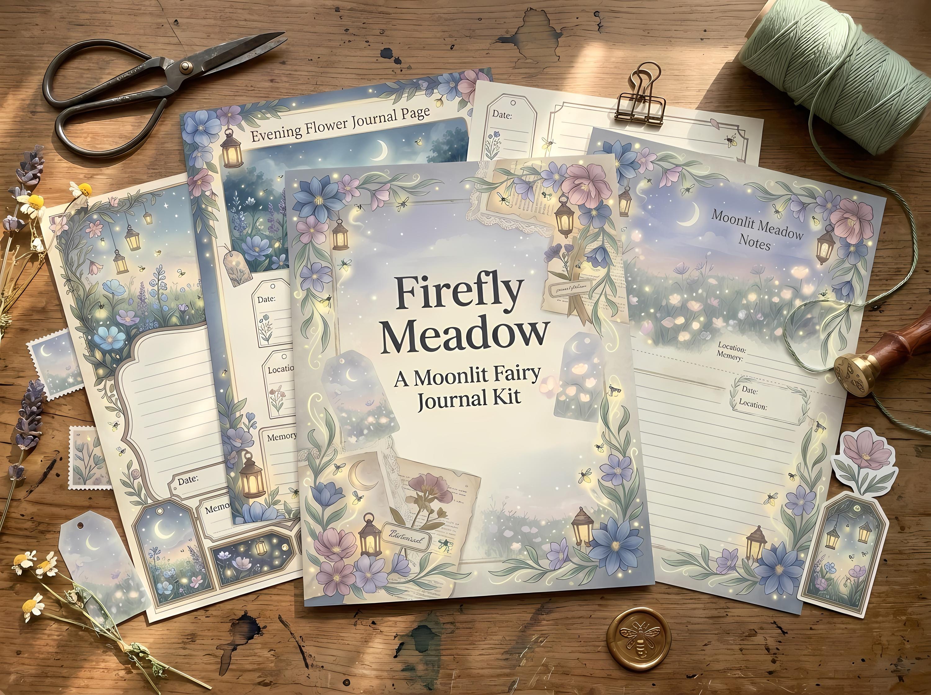 Firefly Meadow Junk Journal Kit, Printable Twilight Nature Journal Pages, Moonlit Ephemera, Lantern Tags, Fussy Cuts · JK-026