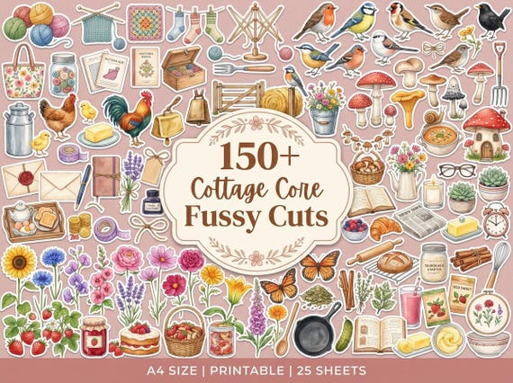 Cottage Core Fussy Cut Ephemera Sheets — 26 Printable Sheets, Junk Journal Ephemera, Cottagecore Scrapbooking, Print at Home · FC-03