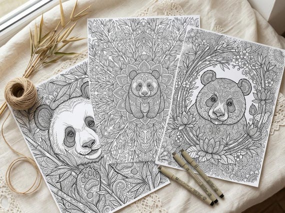 Giant Pandas & Bamboo Coloring Book, Printable Adult Coloring Pages, Bamboo Forest Stress Relief PDF, Digital Download view 7
