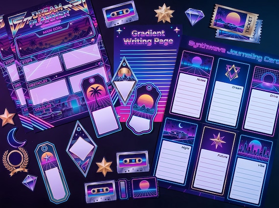 Synthwave Night Drive Junk Journal Kit, Printable Retrowave Journal Pages, Neon Grid Ephemera, Chrome Fussy Cuts, Digital Download · JK-048 view 2