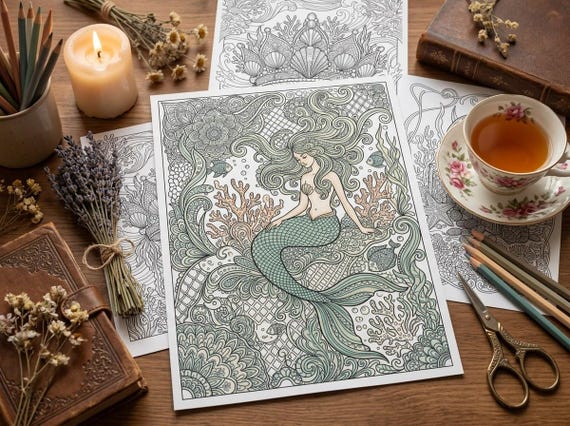 Ocean & Mermaid Coloring Book, Printable Adult Coloring Pages, Under the Sea Stress Relief PDF, Digital Download · CB-11 view 6
