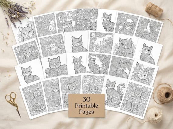 Whimsical Cats Coloring Book, Printable Adult Coloring Pages, Whimsical Decorative Cat Stress Relief PDF, Digital Download · CB-31 view 2